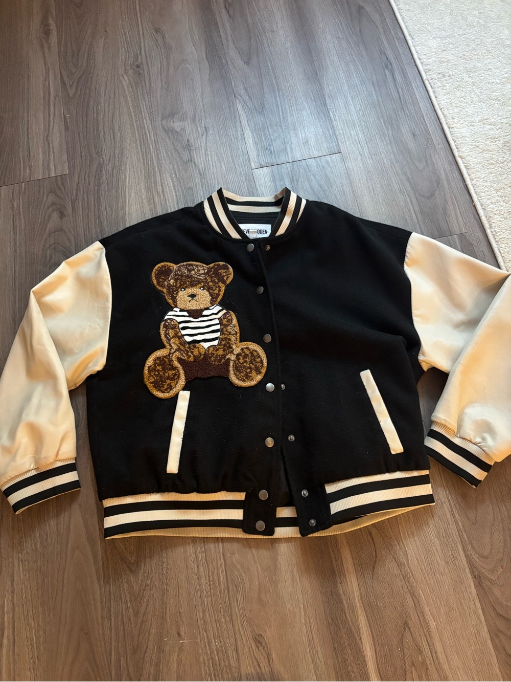 Steve Madden Black & Cream Teddy Varsity Jacket